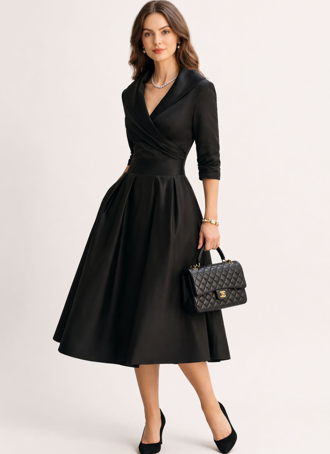 Vestido Midi Elegante com Corte Envelope e Modelagem Evasê
