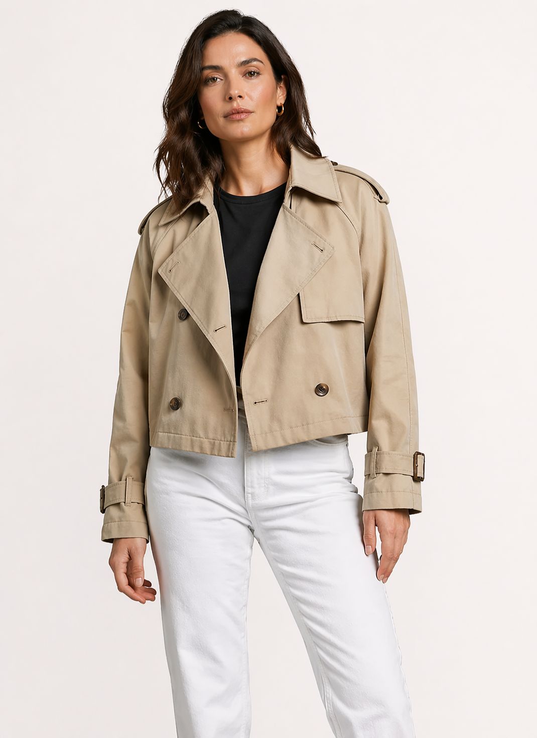 Jaqueta Curta Estilo Trench com Botões Duplos e Lapela
