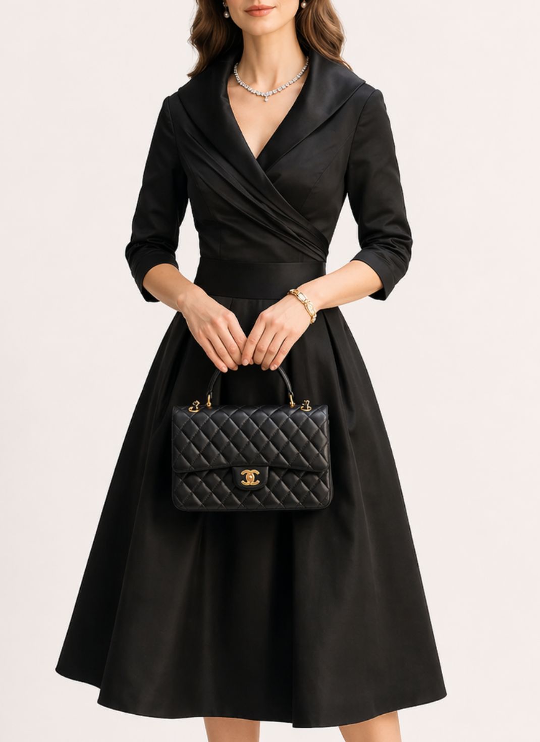 Vestido Midi Elegante com Corte Envelope e Modelagem Evasê