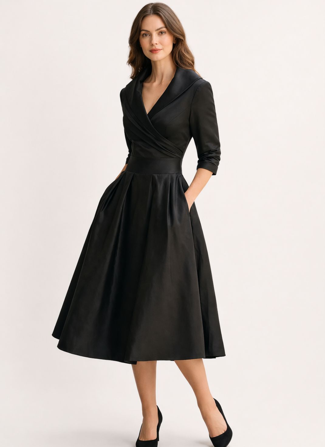 Vestido Midi Elegante com Corte Envelope e Modelagem Evasê