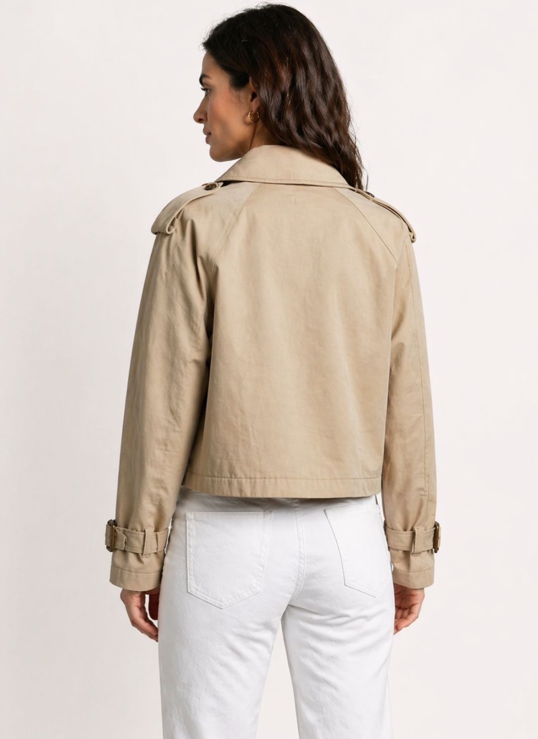 Jaqueta Curta Estilo Trench com Botões Duplos e Lapela