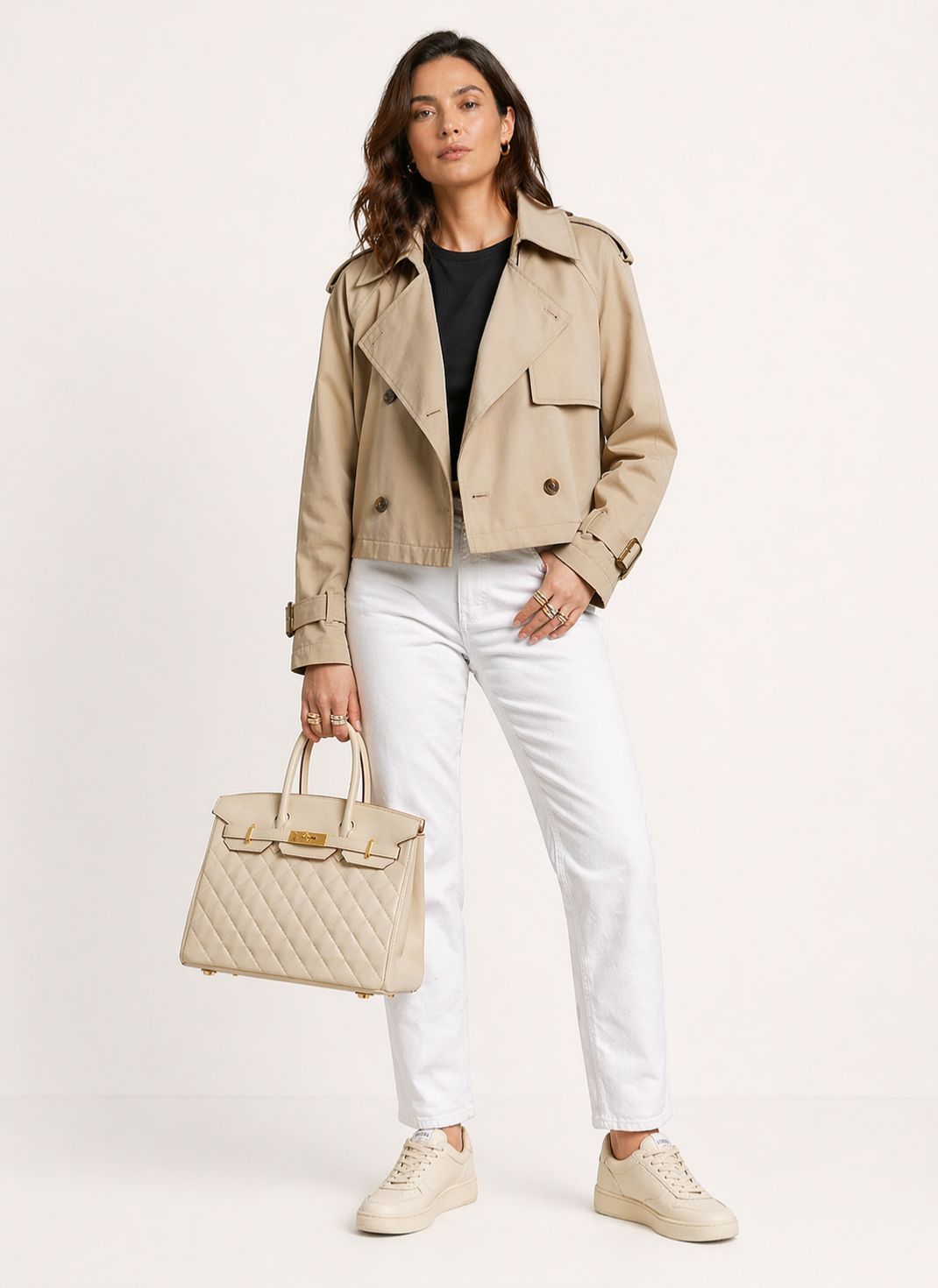 Jaqueta Curta Estilo Trench com Botões Duplos e Lapela