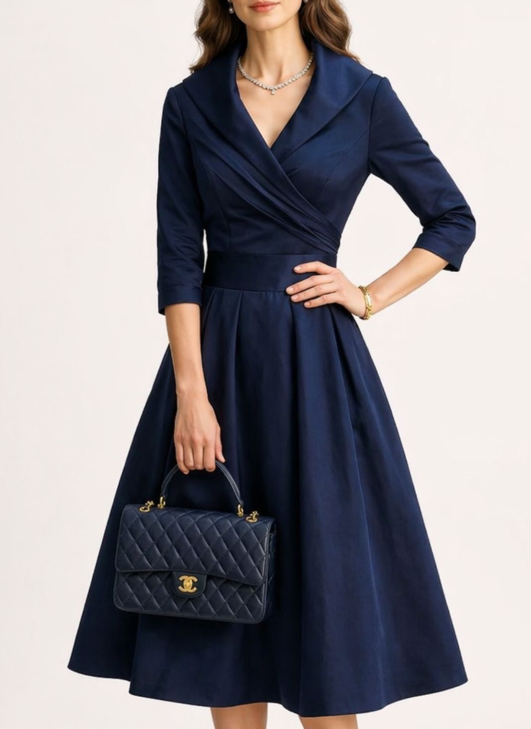 Vestido Midi Elegante com Corte Envelope e Modelagem Evasê