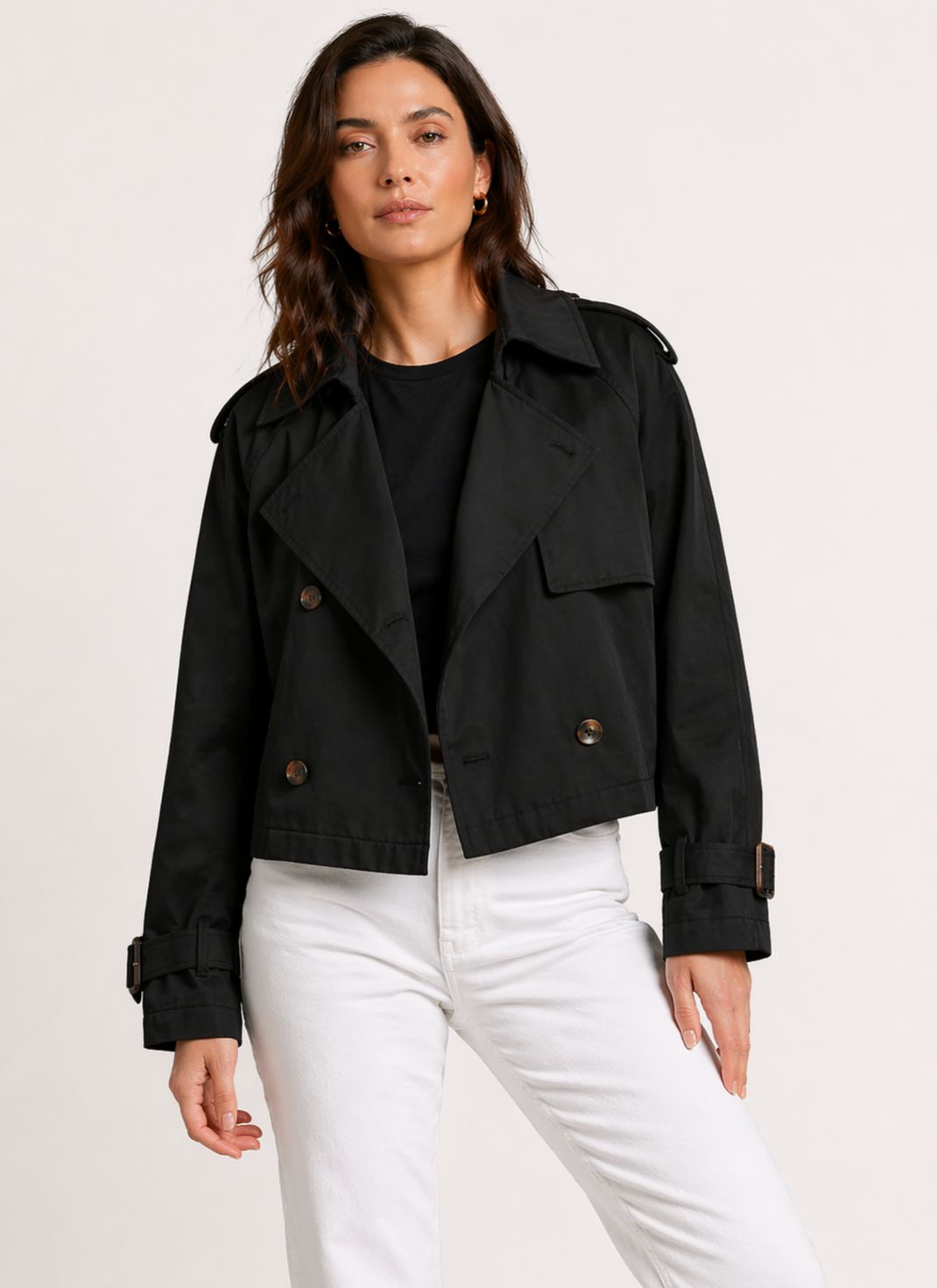 Jaqueta Curta Estilo Trench com Botões Duplos e Lapela