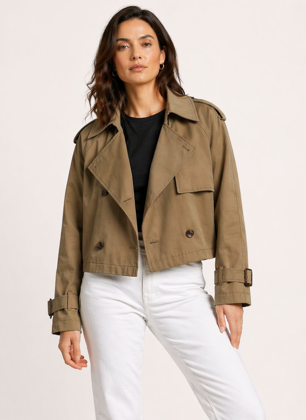 Jaqueta Curta Estilo Trench com Botões Duplos e Lapela