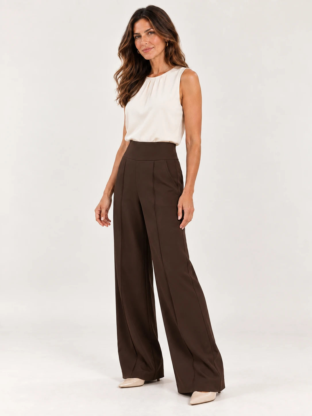 Calça Pantalona de Cintura Alta com Bolsos Laterais