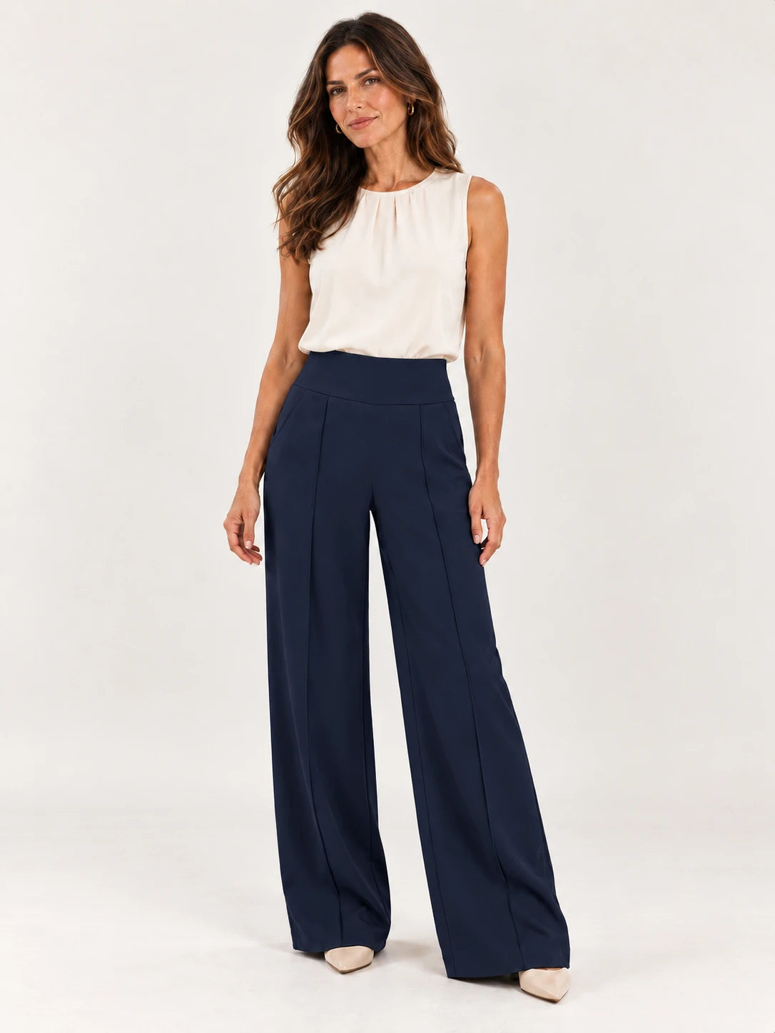 Calça Pantalona de Cintura Alta com Bolsos Laterais