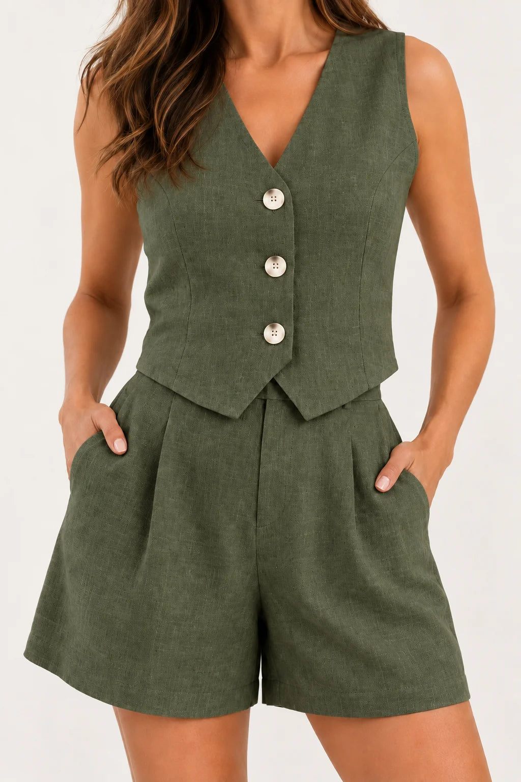 Conjunto de Colete com Botões e Shorts de Cintura Alta