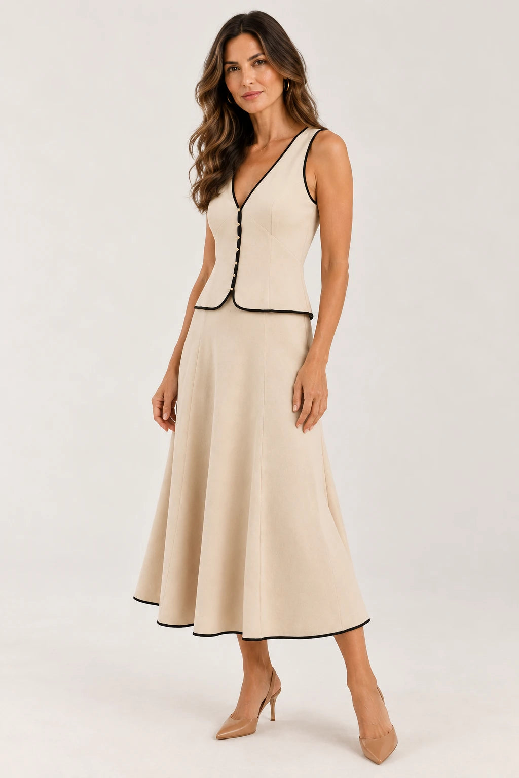 Vestido Midi com Decote V e Detalhes Contrastantes