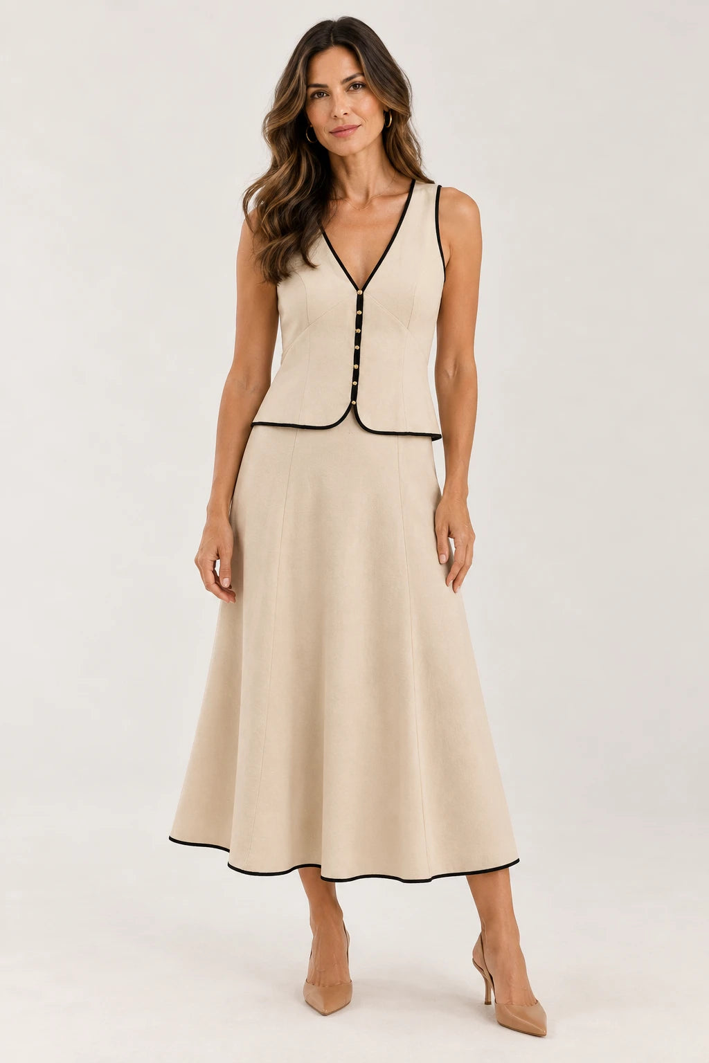 Vestido Midi com Decote V e Detalhes Contrastantes