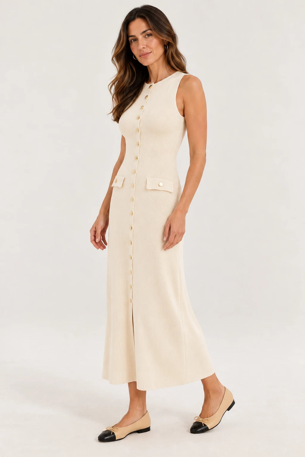 Vestido Midi de Tricô com Abotoamento Frontal