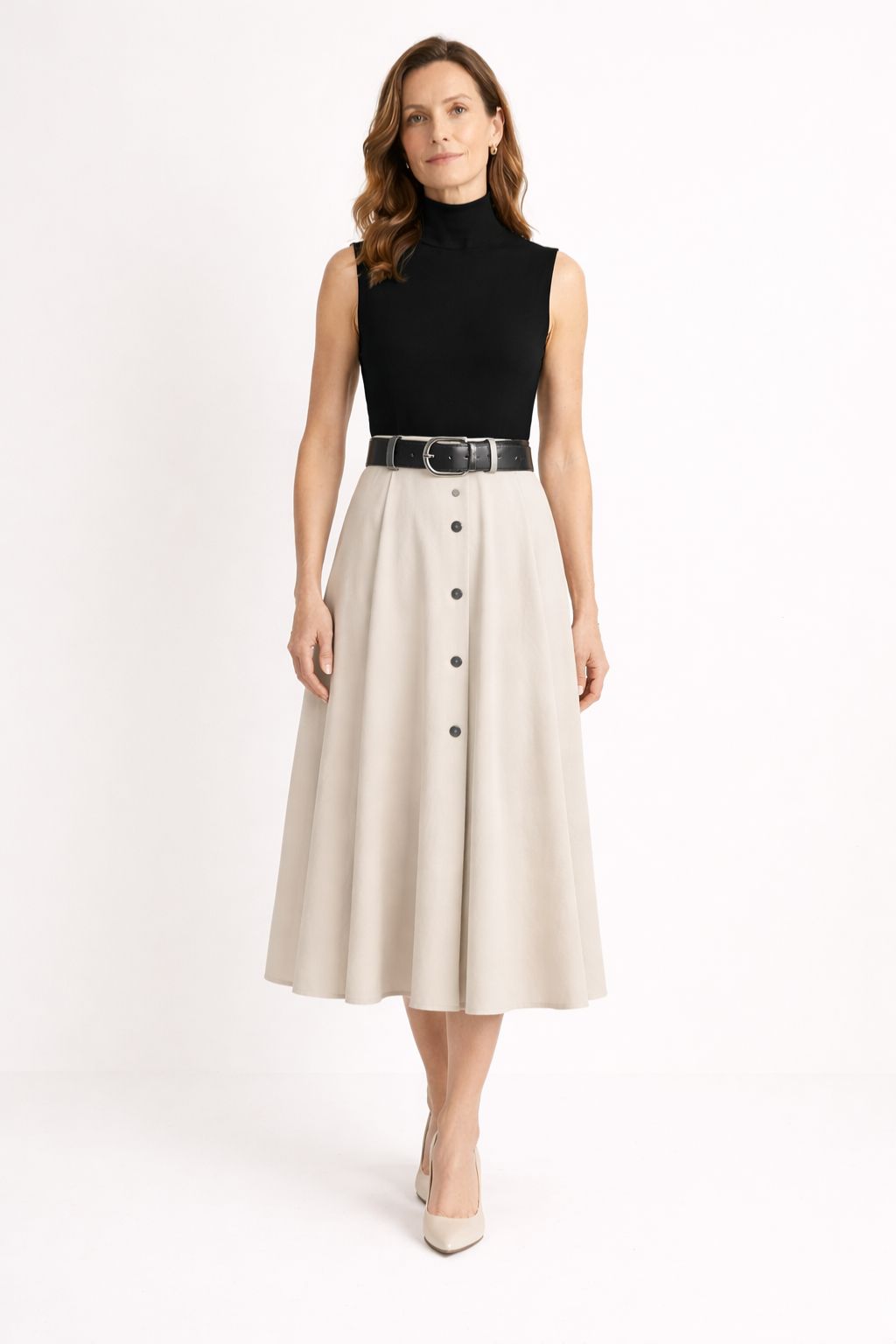 Vestido Midi Evasê com Gola Alta e Cinto