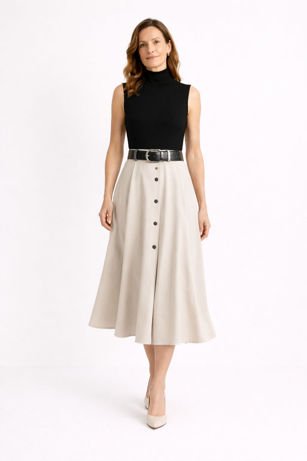 Vestido Midi Evasê com Gola Alta e Cinto