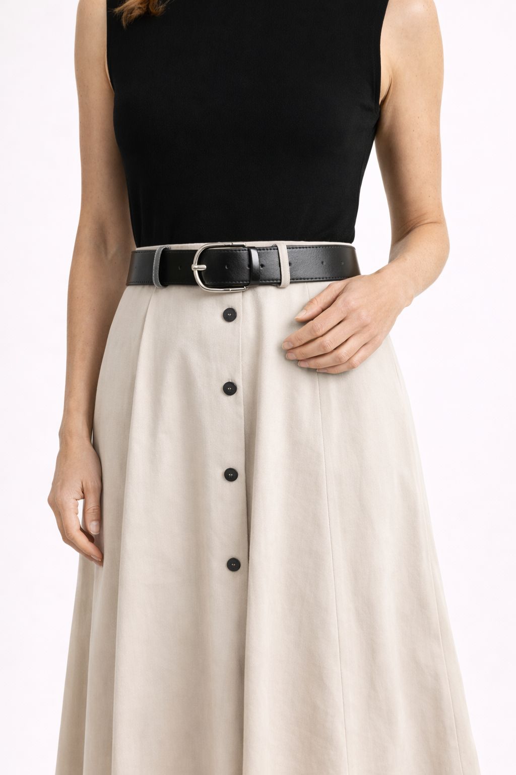 Vestido Midi Evasê com Gola Alta e Cinto