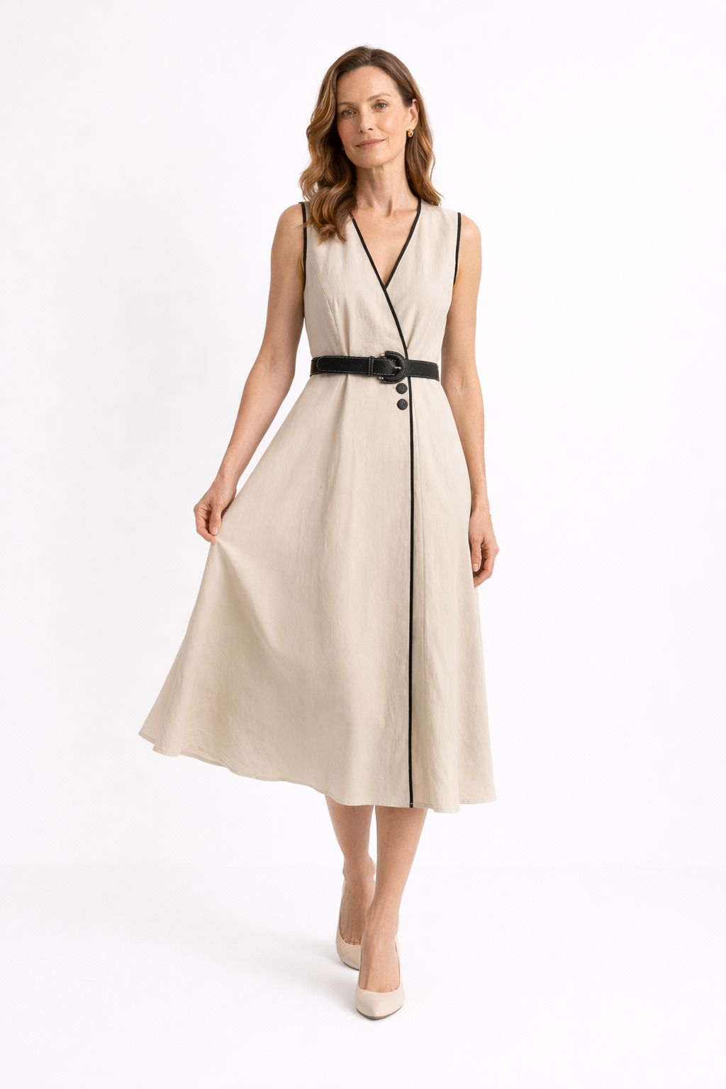 Vestido Midi Transpassado sem Mangas com Cinto