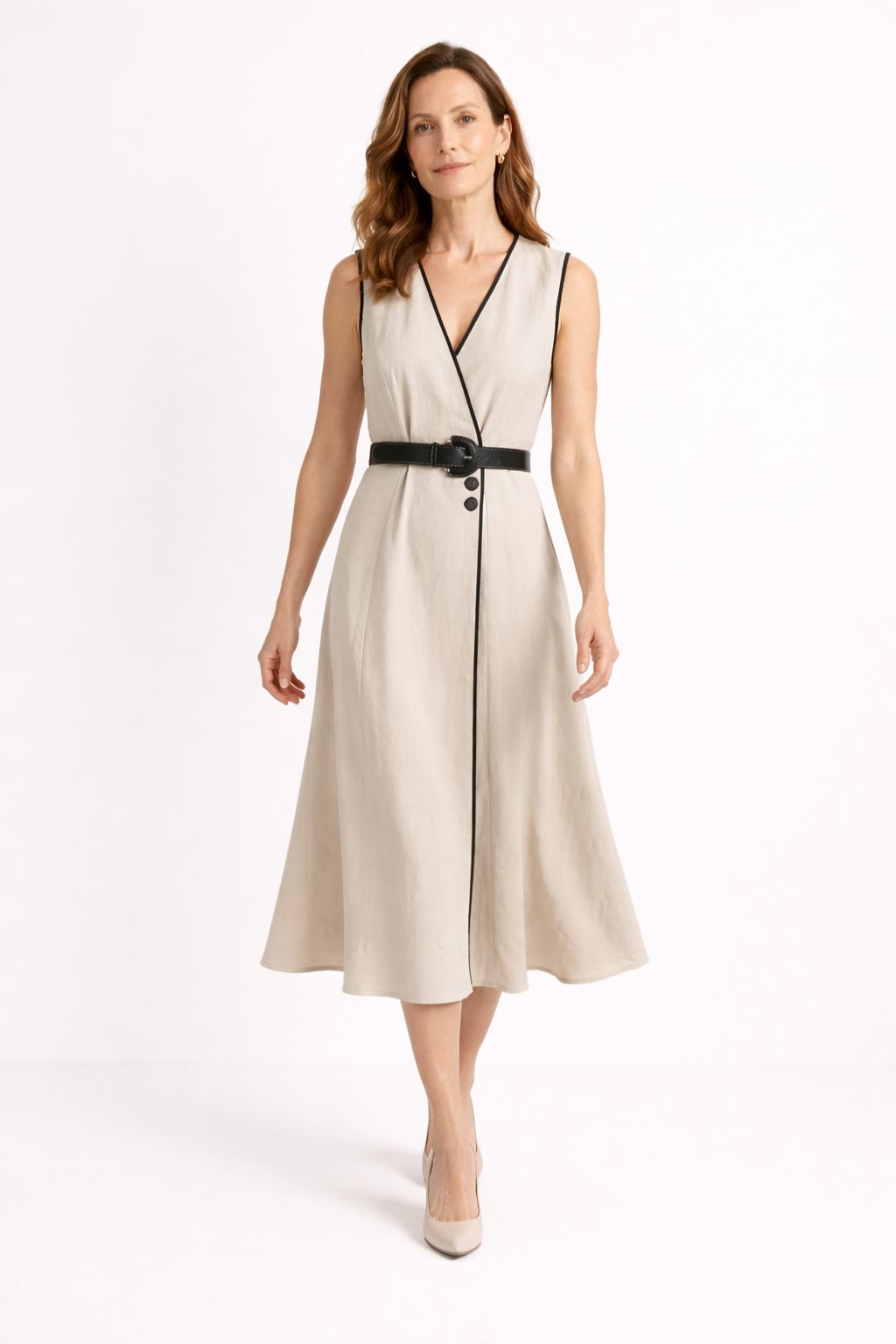 Vestido Midi Transpassado sem Mangas com Cinto