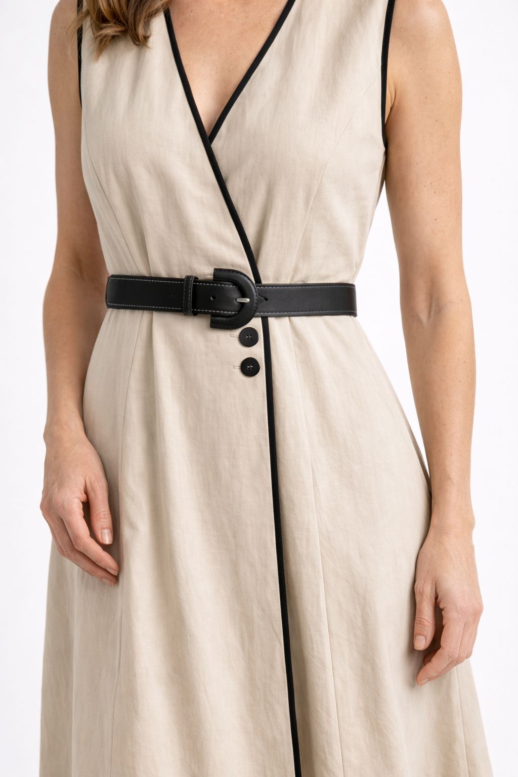 Vestido Midi Transpassado sem Mangas com Cinto