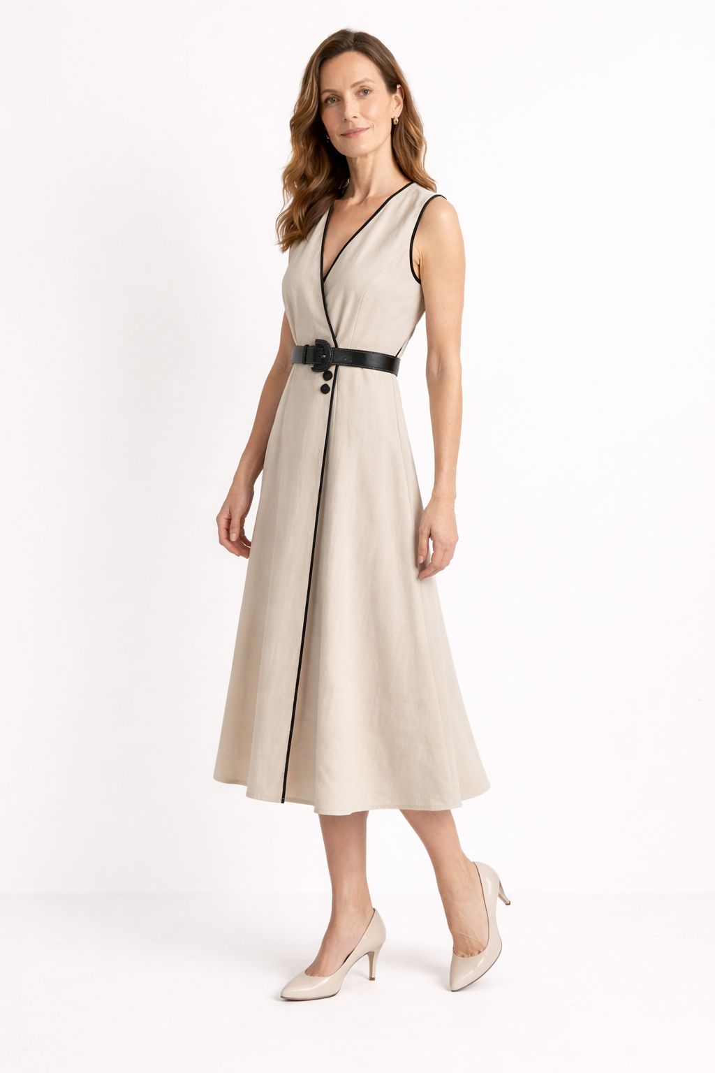 Vestido Midi Transpassado sem Mangas com Cinto