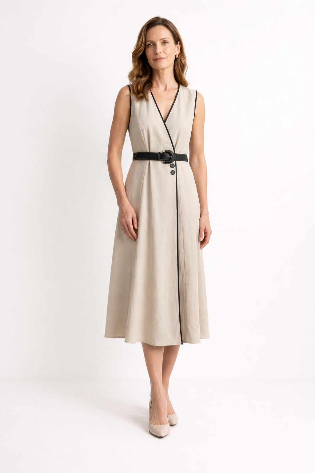 Vestido Midi Transpassado sem Mangas com Cinto